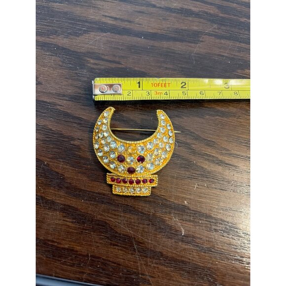 VTG(?) Gold Crescent Moon Brooch Pin With Rhinestones & Red Accents - Picture 4 of 4